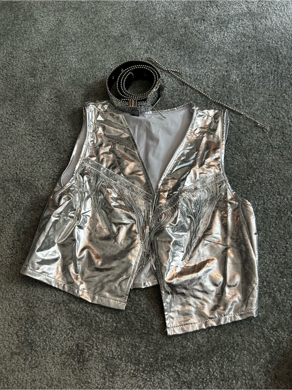 Silver Metallic Fringe Vest, belt and necklace
